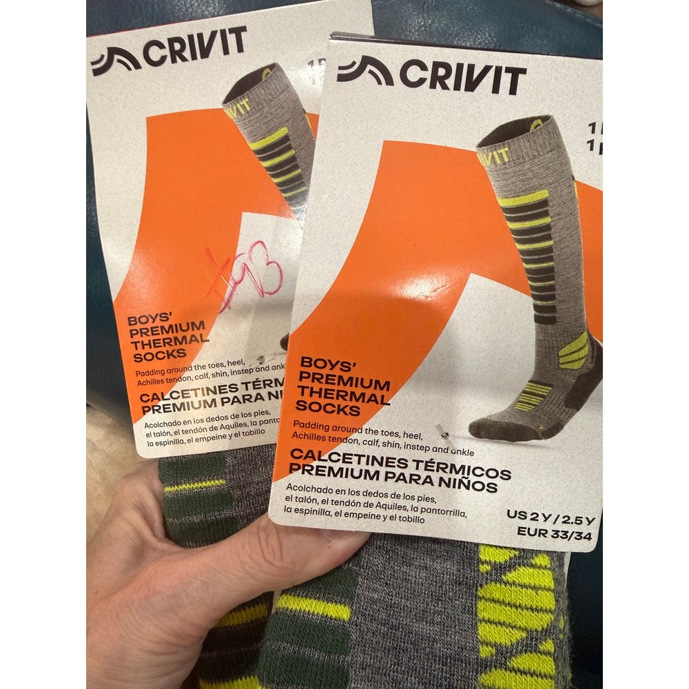Crivit Boys Premium Thermal Socks Gray Neon Green Ski Snowboard US 2Y 2.5Y 2 Pk